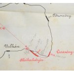 1909 Puj-livazényi vasút vonalának kézzel rajzolt térképe, 1:750000, magyar nyelvű feliratokkal...