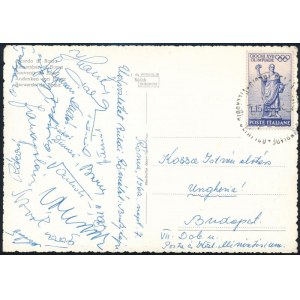 1960 20 magyar olimpiai bajnok és résztvevő autográf aláírása Római Olimpiáról küldött képeslapon ...