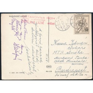1954 Csehszlovákiai sakkversenyről írt levelezőlap Kossa István miniszternek magyar sakkmesterek autográf aláírásával. ...