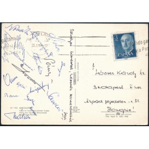 1964 A magyar labdarúgó válogatott tagjai által aláírt képeslap Barcelonából Sipos, Bene, Kocsis, Mátrai, Solymosi...