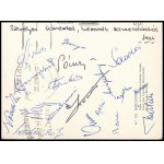 1964 A magyar labdarúgó válogatott tagjai által aláírt képeslap Barcelonából Sipos, Bene, Kocsis, Mátrai, Solymosi...