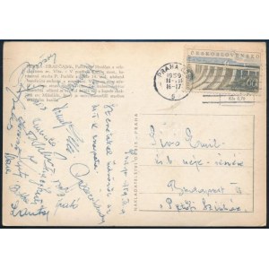 1959 Az MTK labdarúgó csapatának tagjai által aláírt képeslap, Gellér, Szimcsák, Kuti, Molnár, Lantos stb.az MTK...