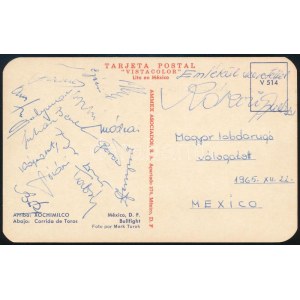 1965 A magyar labdarúgó válogatott tagjai által aláírt kéepslap Bene, Káposzta, Solymosi, Albert, stb ...