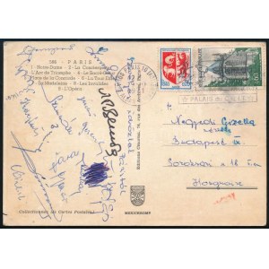 cca 1960 Magyar labdarúgó válogatott aláírt képeslap Párizsból, több Aranycsapat játékossal: Grosics, Sipos, Mátrai...