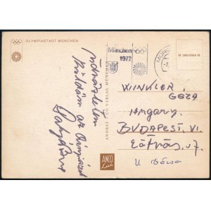 1972 Polyák Imre (1932-2010) olimpiai bajnok birkózó által aláírt képeslap a Műncheni olimpiáról ...