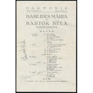 1935 Basilides Mária és Bartók Béla hangversenyének meghívója és műsora Bartók és Basilides autográf aláírásával ...