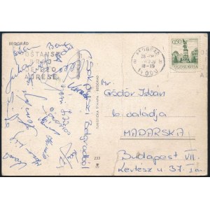 1973 A magyar labdarúgó-válogatott tagjai által aláírt képeslap a Jugoszlávia elleni mérkőzésről (1:1) Mészáros, Fábián...