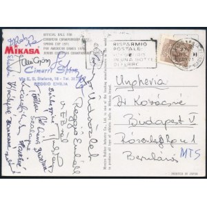 1971 Olaszországból küldött képeslap a magyar női röplabda válogatott tagjainak aláírásával Buzekyné, Szalayné, Törökné...