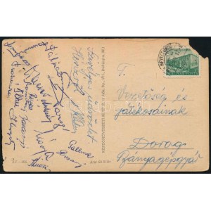 cca 1950 A Dorogi Bányász (Dorogi FC) labdarúgócsapat játékosai által aláírt üdvözlőlap Hévízről...