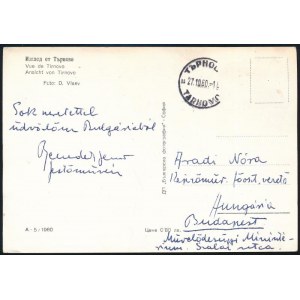 cca 1960 Id. Benedek Jenő (1906-1987) festőművész saját kezűleg megírt, aláírt képeslapja, Aradi Nóra (1924-2001...