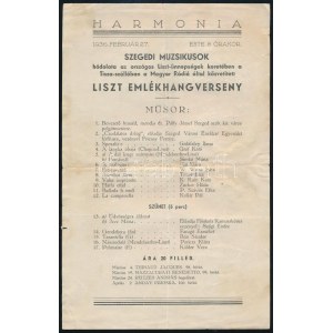 1936 Szegedi Muzsikusok Liszt Emlékhangversenyének prospektusa, 1936. február, rajta a résztvevők aláírásaival...