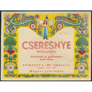 Cseresnye pálinka, népi motívumos italcímke, 9x12 cm