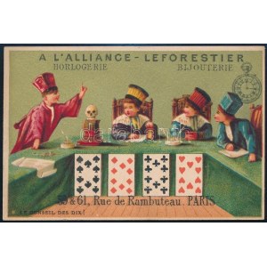 1883 Kártyanaptár Párizsi órásüzlet kártyákkal, koponyával,. Litográfia / Paris watch shop calendar card...
