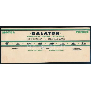 Hotel Balaton Pensió, Karpelesz Siófok, art deco étlapterv, 1930 körül. Tempera, ceruza, karton. Jelzés nélkül...
