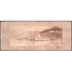 cca 1920 Az Uranus lapátkerekes gőzhajó a Dunán Dévénynél (Pozsony), háttérben a millenniumi emlékmű...