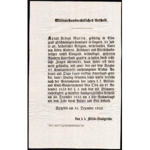 1852 Kátay Urbán Martin alföldi rabló betyár halálos ítéletéről szóló hirdetmény német nyelven 24x40 cm