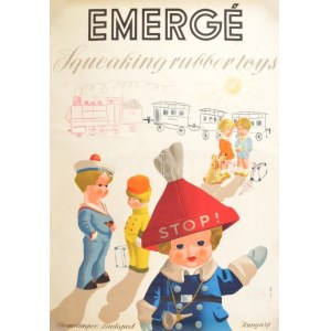 cca 1960 Emerge? squeaking rubber toys. Máté András jelzett plakája / Poster. Offszet. Paper, offset lithography...