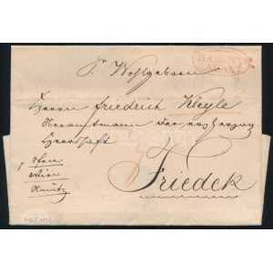 1832 Portós levél / Unpaid cover, piros / red BARANYAVÁR - Friedek (Rompes 140 p)