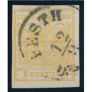 1850 1kr MP type Ib., A lemez, aranysárga / gold yellow, Plate A PESTH. Certificate: Strakosch