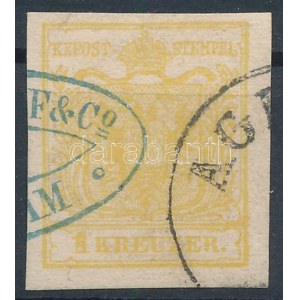 1850 1kr MP type Ib. világos okkersárga / light ocher AGR(AM) + kék cégbélyegzés / blue business postmark...