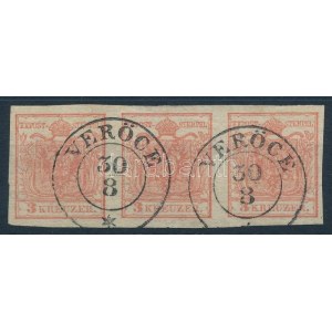 1850 3kr hármascsík HP type IIIa rózsa, szép szélekkel, két oldalt hajtásnyomok / rose, stripe of 3 with nice margins...