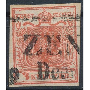 1850 3kr HP type Ia. sötét élénkpiros, lemezhiba a 3-as számjegyben / dark bright red, plate flaw ZEN(GG) Certificate...