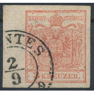 1850 3kr HP type IIIa. világos piros, a bal oldalon 6,5 mm-es ívszéllel / light red with 6...