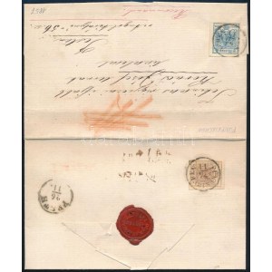 1857 6kr + 9kr type MP III. ajánlott levélen / on registered cover FÜNFKIRCHEN - Pest