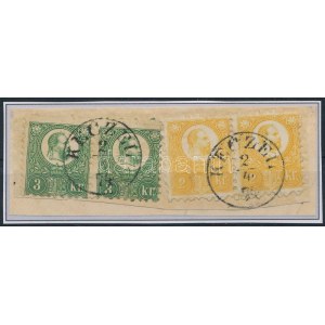 1871 Réznyomat sárga 2kr + zöld 3kr 1-1 párban kivágáson / Mi 8 pair + Mi 9 pair on cutting KECZEL Sign...