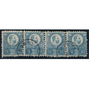 1871 Réznyomat kék 10kr vízszintes négyes csíkban / Mi 10 stipe of 4 TORNYA Sign: Orbán (fogelválások / aparted perfs...