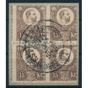 1871 Réznyomat 15kr négyestömb kivágáson, jelentősen elfogazva, kék bírósági bélyegzéssel ...