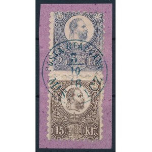 1871 Réznyomat 15kr és 25kr utalvány kivágáson, kék postautalványi bélyegzéssel...