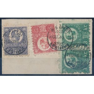 1871 Réznyomat 2 db zöld 3kr + vörös 5kr + lila 25kr háromszínű bérmentesítés levéldarabon 3 db kétkörös bélyegzéssel ...