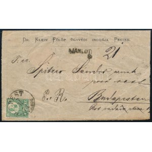 1873 Ajánlott helyi levél Réznyomat zöld 3kr + vörös 5kr (hátoldalon) bérmentesítéssel...