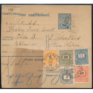 1888 Csomagszállító 17,8 kg-os csomagról, 5 db bélyeggel bérmentesítve, közte 1Ft! Budapestről Tátrafüredre ...