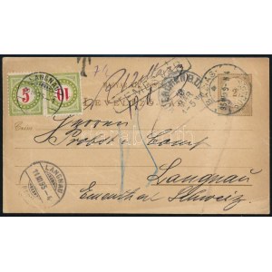 1895 2kr díjjegyes levelezőlap Báziásról Svájcba küldve, ott portózva, TEMESVÁR vonalbélyegzéssel / PS...