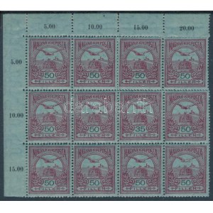 1913 Turul 50f helyett 35f tévnyomat ívsarki 12-es tömbben (néhány bélyeg falcos) (130.000) ...