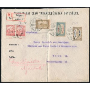 1918 Központi légiposta céglevél mindkét Repülő posta bélyeggel Budapestről Bécsbe / Airmail cover with Mi 210...