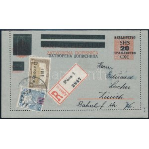 Baranya 1920 SHS felülnyomású ajánlott díjjegyes zárt levelezőlap 7 db Baranya bélyeggel kiegészítve Svájcba ...