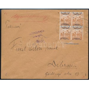 Debrecen I. 1919 Helyi levél Arató 2f négyestömb bérmentesítéssel, elcsúszott, fordított felülnyomással! ...