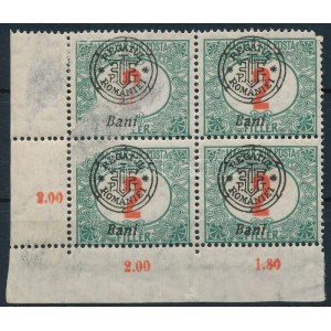 Nagyvárad 1919 Portó 2f ívsarki 4-es tömb, ívösszetapadás miatt a felülnyomás a sérült részre került, nagyon ritka...