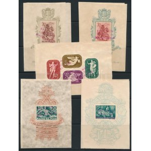 1939-1941 Bethlen, Árvíz, Mátyás és Művész MINTA blokkok papírlapon / Mi block 5-9 on papers ...