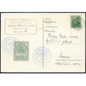 1938 Soproni tábori futárposta küldemény, levelezőlap az Rákóczi-táborból Kistómalomból Sopronba...