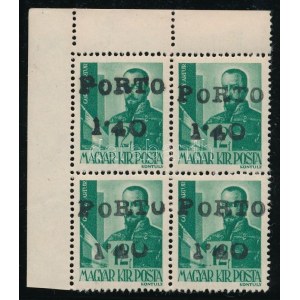 Abony 1945 1,40P/12f ívsarki négyestömb, az ívszélin falc / corner block of 4, hinged in the margin. Certificate...