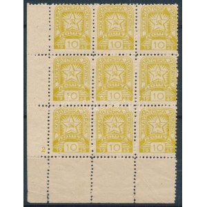 Kárpát-Ukrajna 1945 10f bal ívsarki 9-es tömb, sárga / 10f corner block of 9, yellow