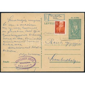 1945. feb. 7. Ajánlott díjjegyes levelezőlap 70f kiegészítéssel szükségragjeggyel és postaügynökségi bélyegzéssel ...