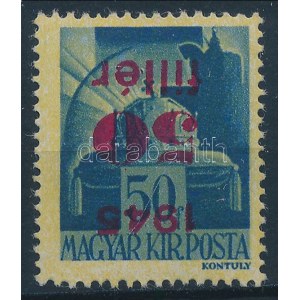 1945 Kisegítő 50f/50f fordított felülnyomással (25.000) / Mi 792 with inverted overprint. Certificate...