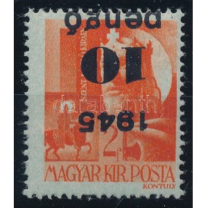 1945 Kisegítő 10P/2f fordított felülnyomással / Mi 814 with inverted overprint. Certificate...