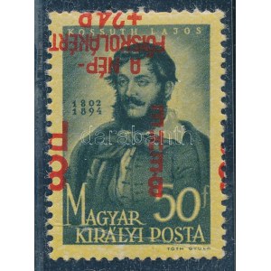 1945 Béke 8+24P/50f fordított felülnyomással (alul törés) / Mi 776 with inverted overprint (folded below...