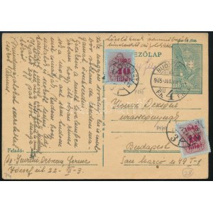 1945 (1. díjszabás) 18f díjjegyes helyi levelezőlap 2 db portó bélyeggel / Local PS...